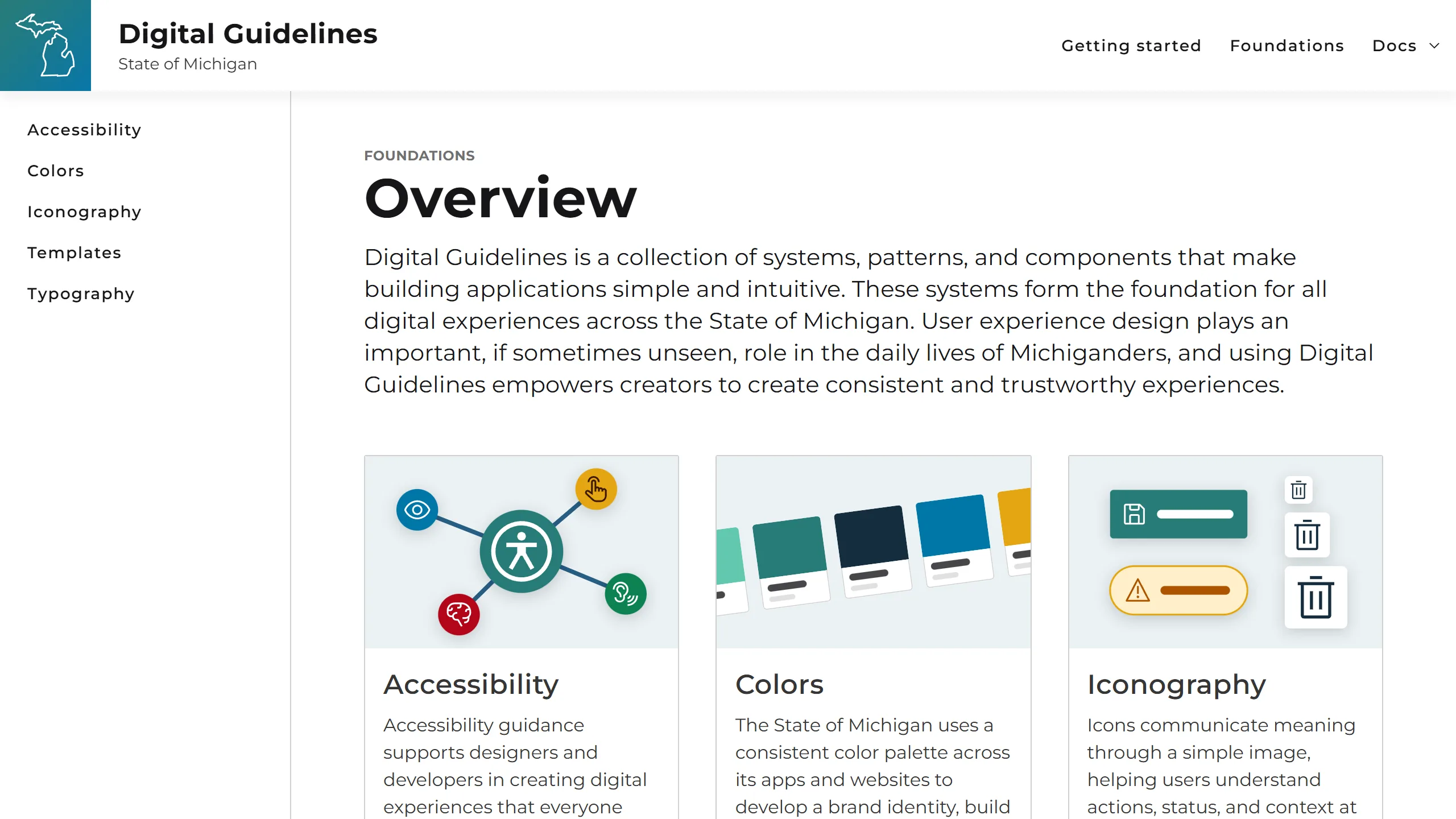 Digital Guidelines Foundations overview page with a sidebar and illustrated cards for Accessibility, Colors, and Iconography.