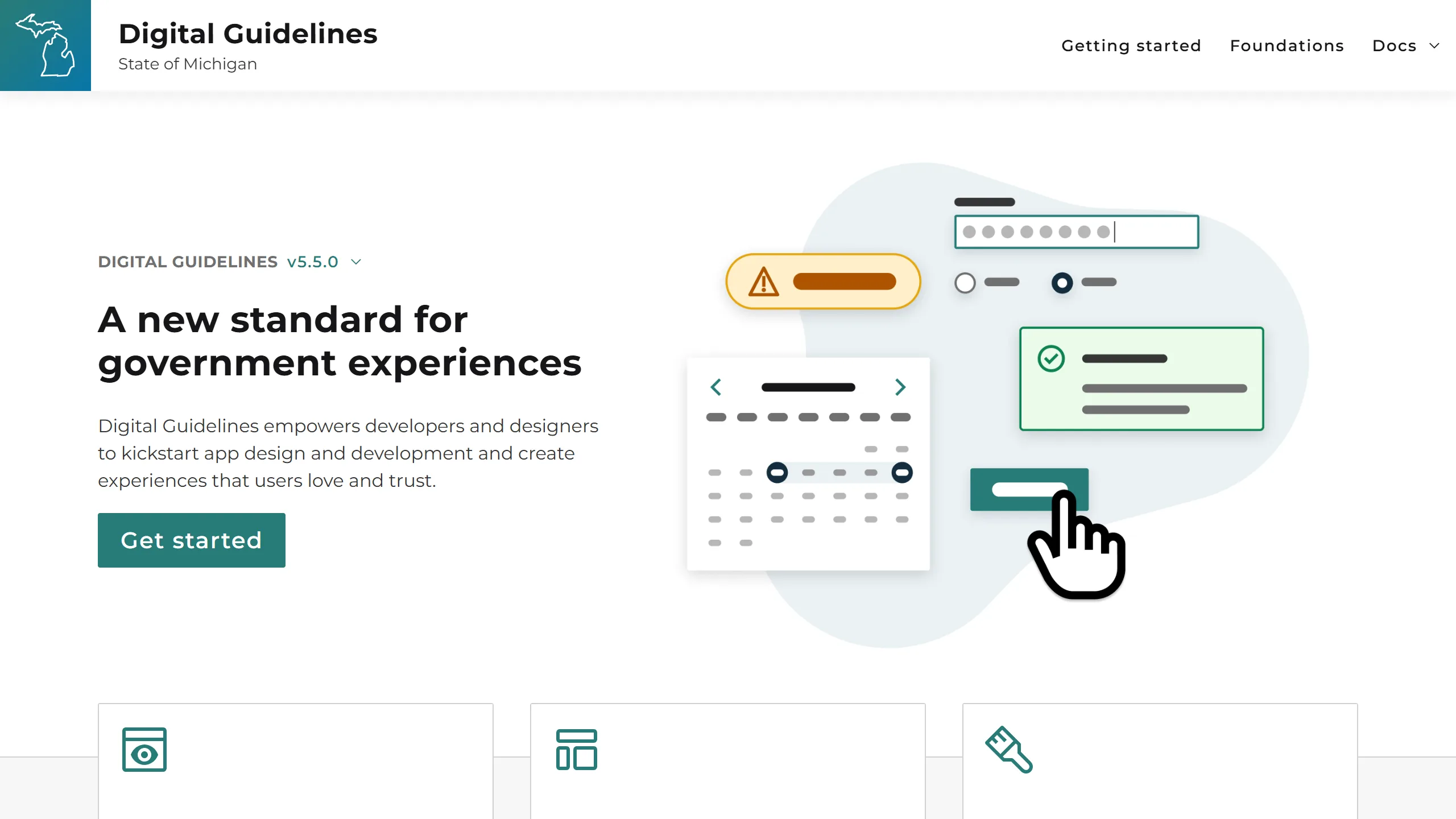 Digital Guidelines homepage: the heading “A new standard for government experiences”, a Get started button, and an illustration of form, calendar, and alert components.