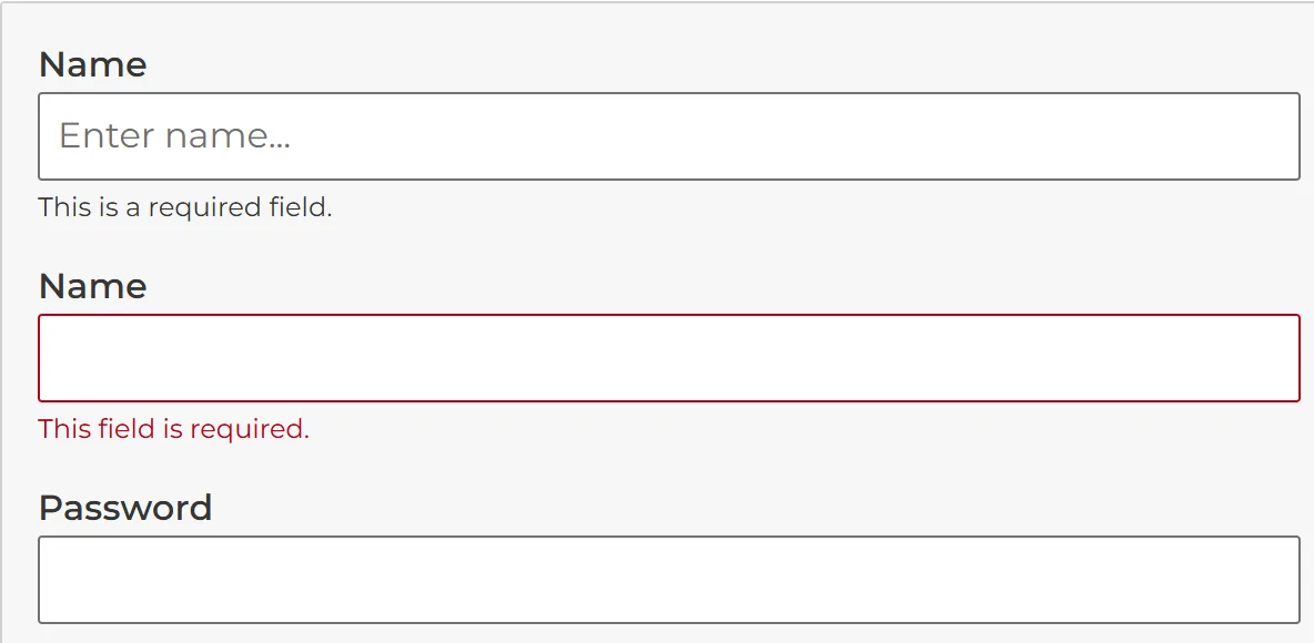 Two som-input examples: a Name field with the helper text “This is a required field.”, and a Name field with a red border and the error “This field is required.”