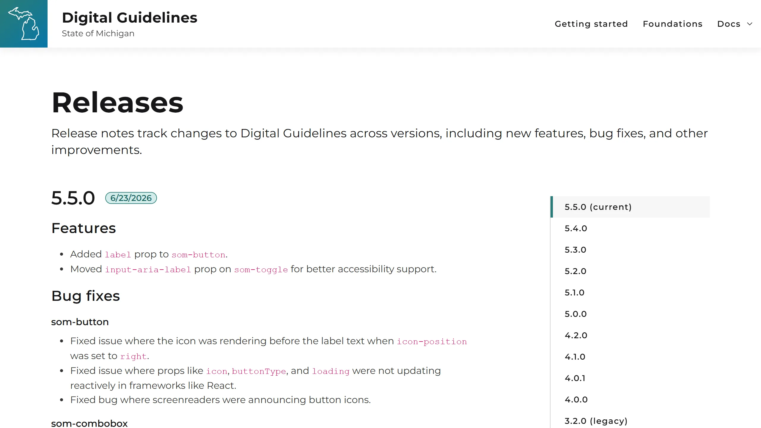 Digital Guidelines Releases page showing version 5.5.0 features and bug fixes, with a list of earlier versions back to 1.0.0.