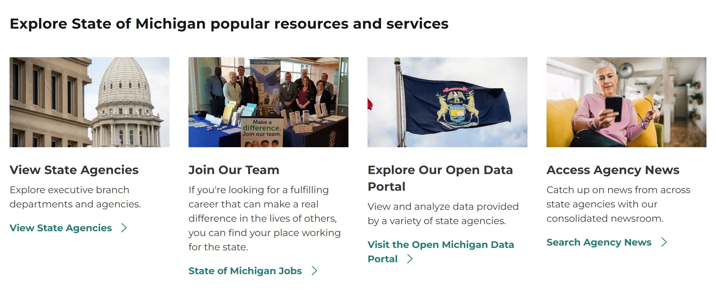 Michigan.gov homepage section “Explore State of Michigan popular resources and services” with four featured items: View State Agencies, Join Our Team, Explore Our Open Data Portal, and Access Agency News.